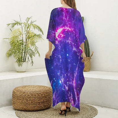 Dark Purple Universe Galaxy Space Print Silk V-Neck Kaftan Dress