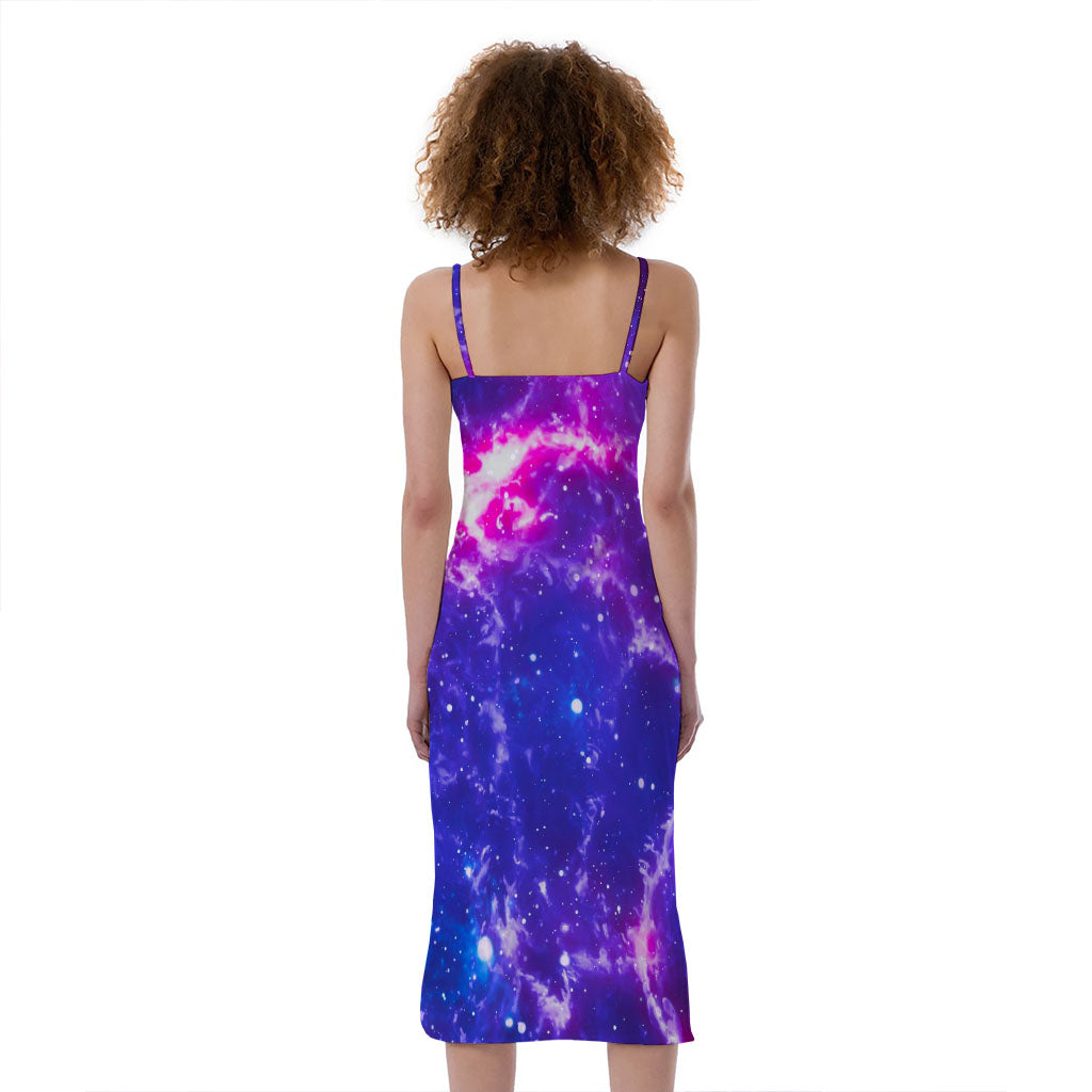 Dark Purple Universe Galaxy Space Print Slim Fit Midi Cami Dress