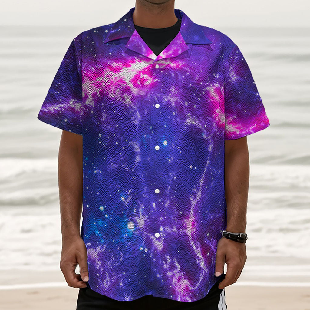 Dark Purple Universe Galaxy Space Print Textured Short Sleeve Shirt