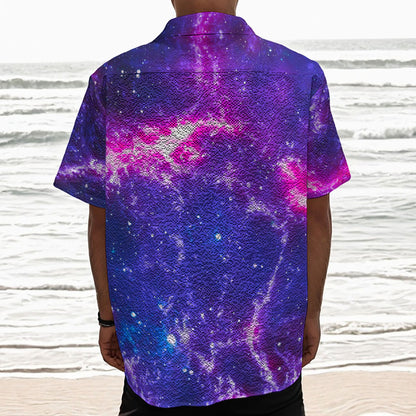 Dark Purple Universe Galaxy Space Print Textured Short Sleeve Shirt