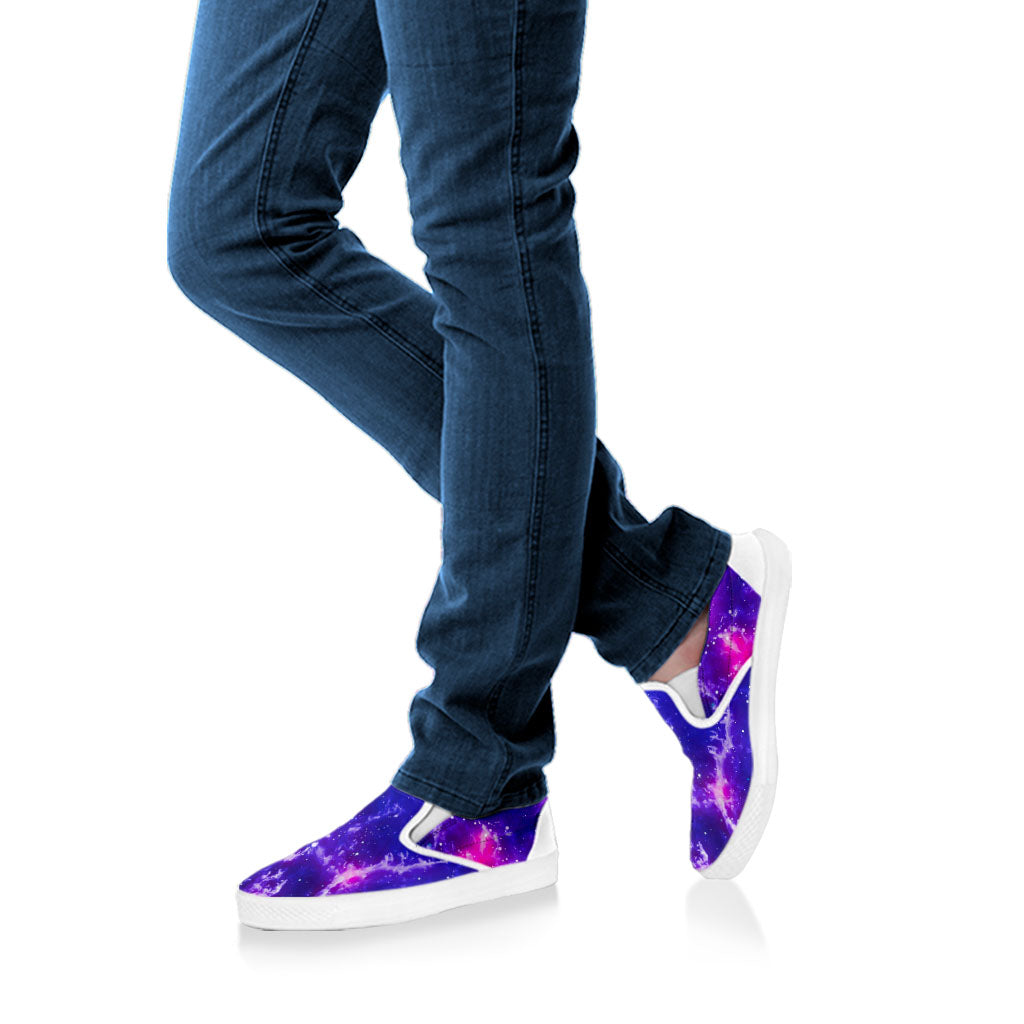 Dark Purple Universe Galaxy Space Print White Slip On Sneakers