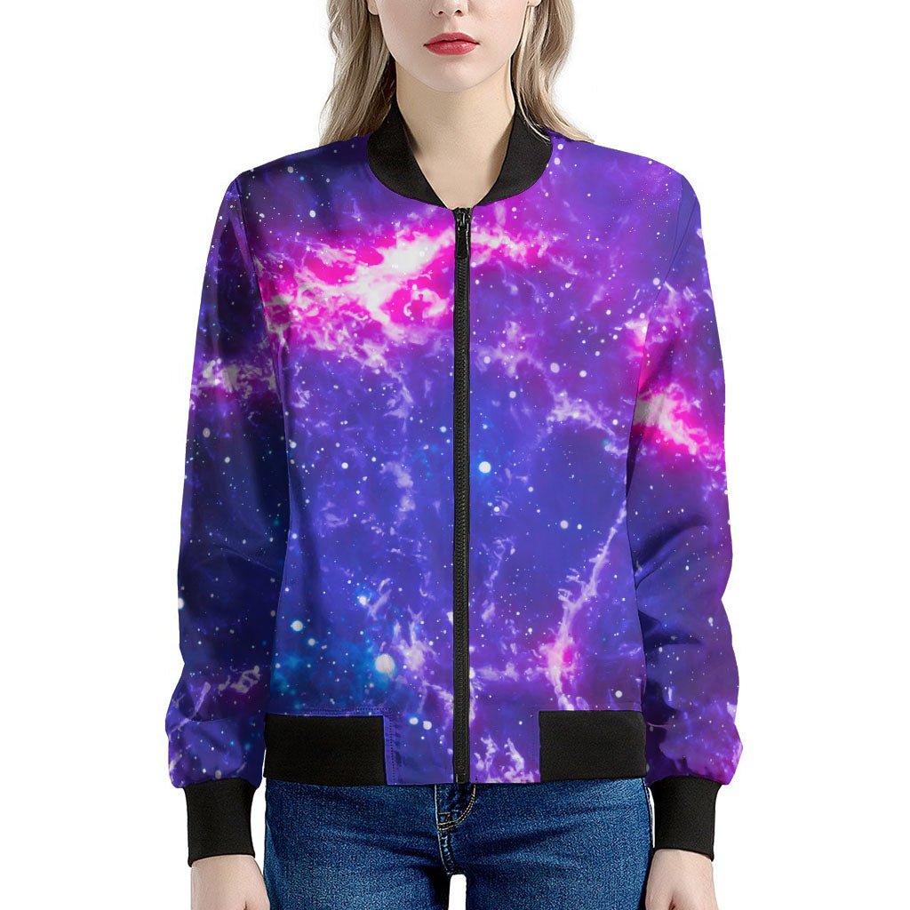 Dark Purple Universe Galaxy Space Print Women's Bomber Jacket