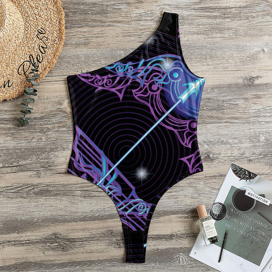 Dark Sagittarius Zodiac Sign Print One Shoulder Bodysuit
