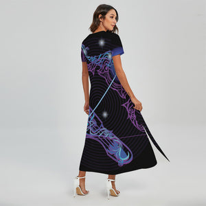 Dark Sagittarius Zodiac Sign Print Short Sleeve Maxi Dress