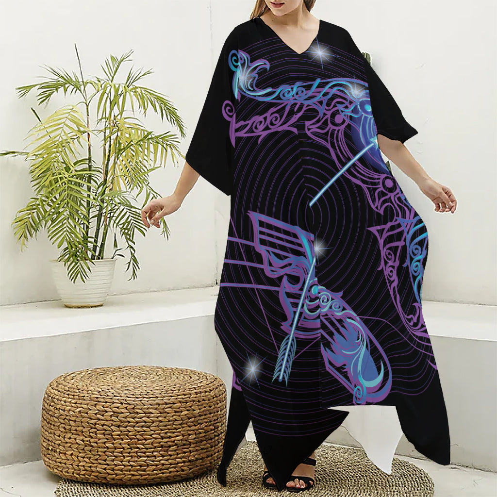 Dark Sagittarius Zodiac Sign Print Silk V-Neck Kaftan Dress