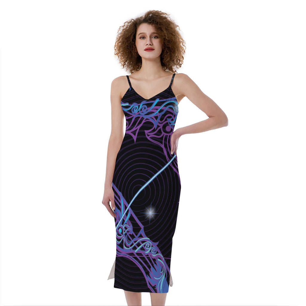 Dark Sagittarius Zodiac Sign Print Slim Fit Midi Cami Dress
