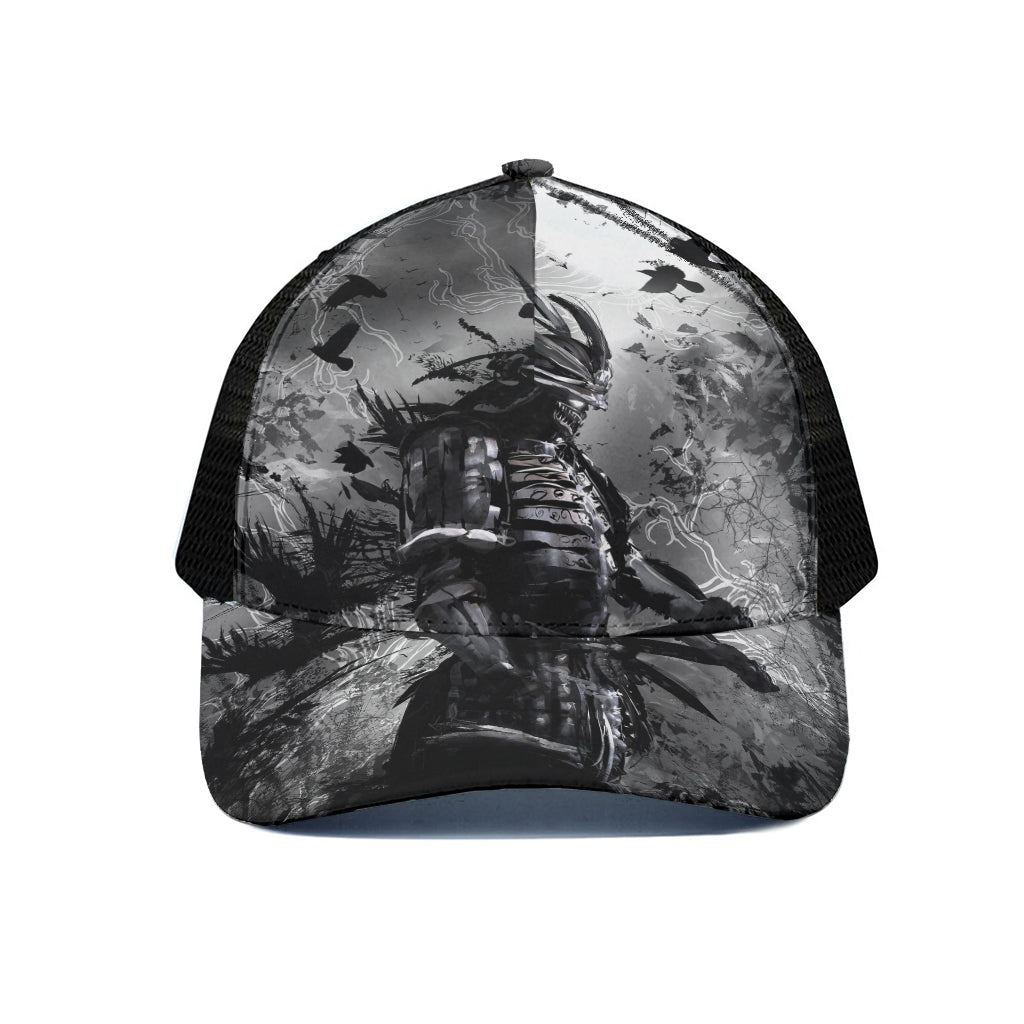 Dark Samurai Warrior Print Black Mesh Trucker Cap