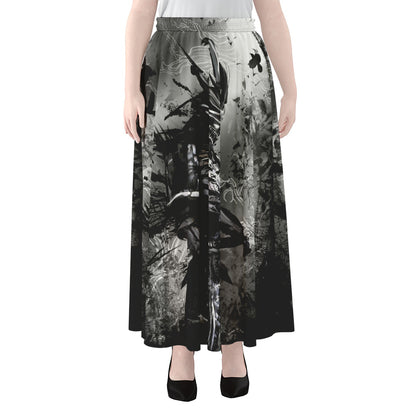 Dark Samurai Warrior Print Chiffon Maxi Skirt
