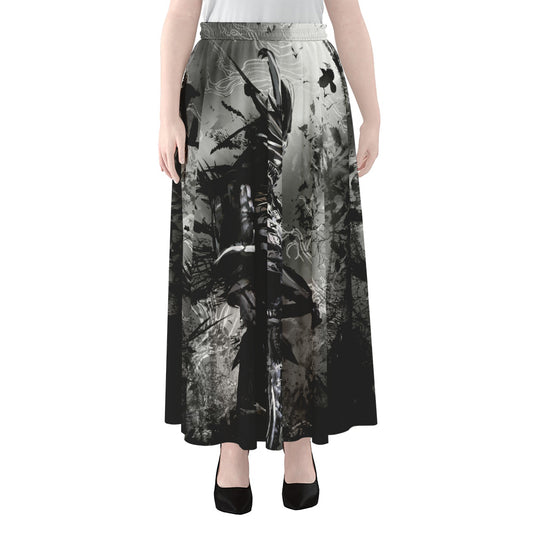 Dark Samurai Warrior Print Chiffon Maxi Skirt