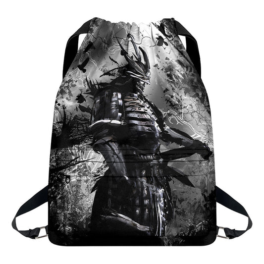 Dark Samurai Warrior Print Drawstring Backpack