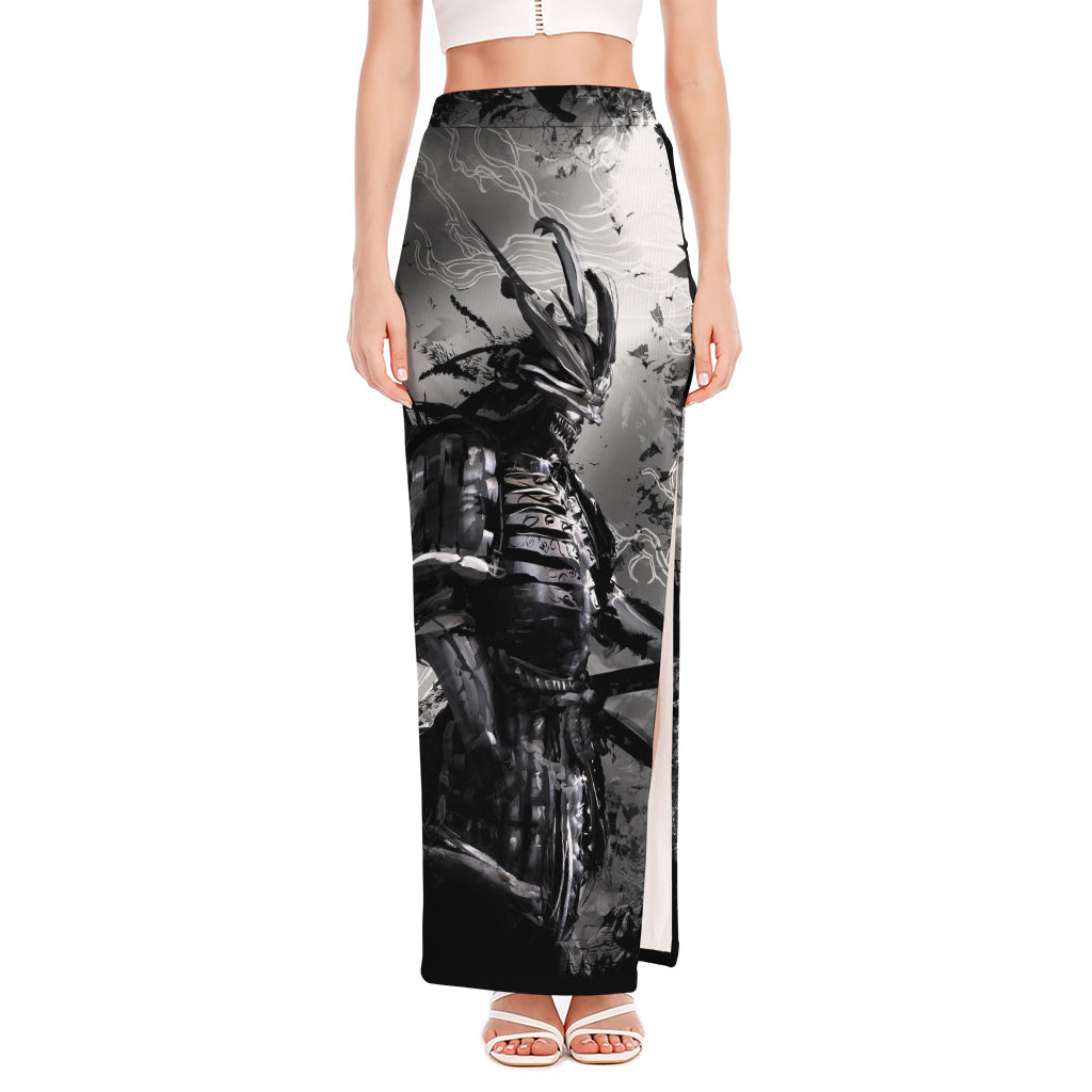 Dark Samurai Warrior Print High Slit Maxi Skirt