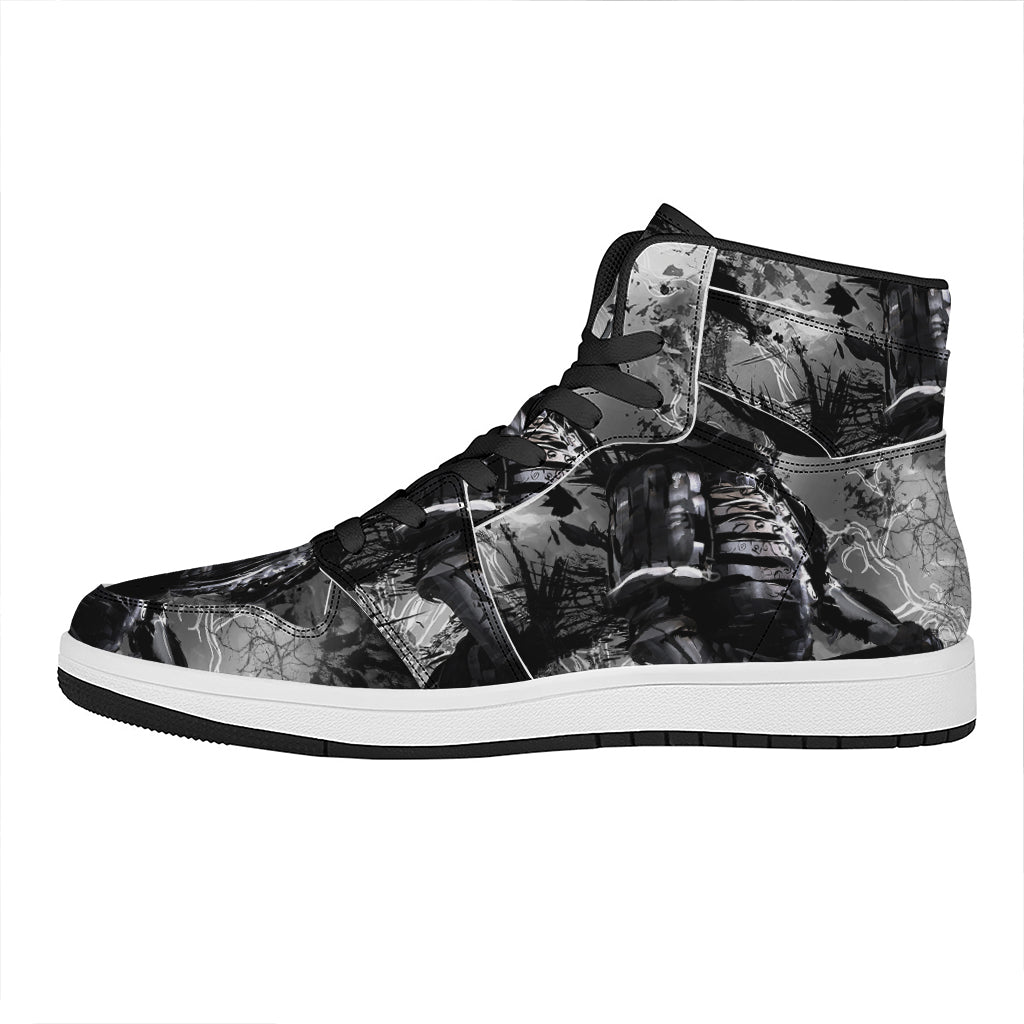 Dark Samurai Warrior Print High Top Leather Sneakers