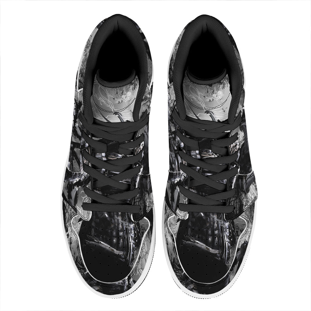 Dark Samurai Warrior Print High Top Leather Sneakers