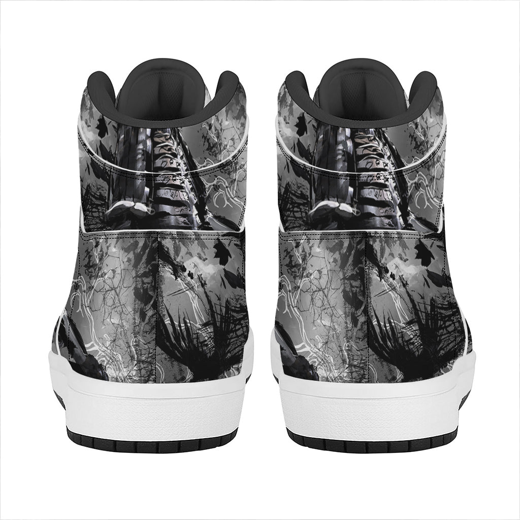 Dark Samurai Warrior Print High Top Leather Sneakers