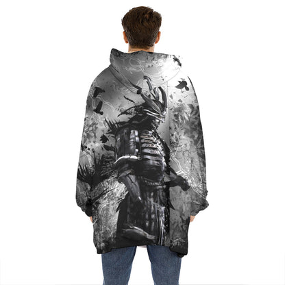Dark Samurai Warrior Print Hoodie Blanket