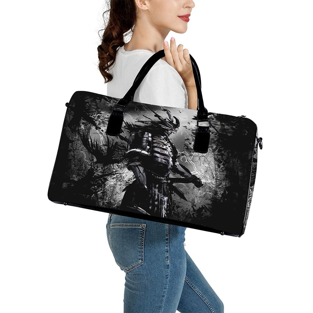 Dark Samurai Warrior Print Leather Duffle Bag