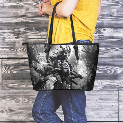 Dark Samurai Warrior Print Leather Tote Bag