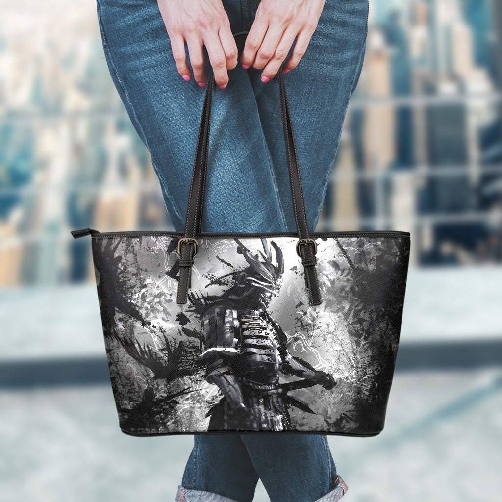 Dark Samurai Warrior Print Leather Tote Bag