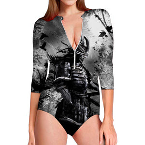 Dark Samurai Warrior Print Long Sleeve Swimsuit