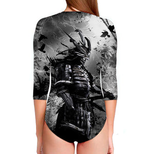 Dark Samurai Warrior Print Long Sleeve Swimsuit