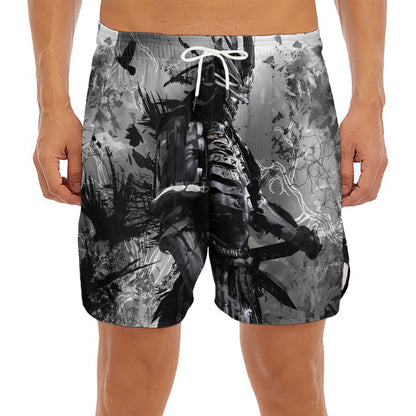 Dark Samurai Warrior Print Men's Split Running Shorts