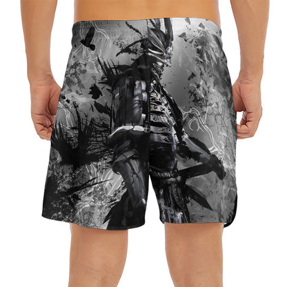 Dark Samurai Warrior Print Men's Split Running Shorts