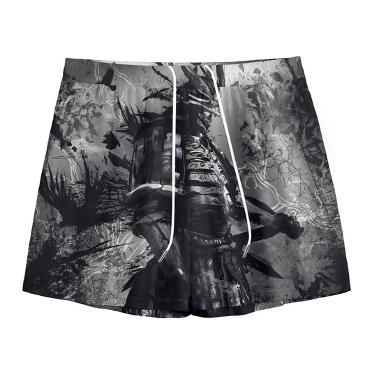 Dark Samurai Warrior Print Mesh Shorts