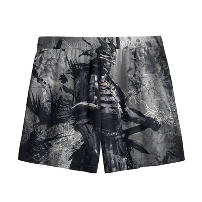 Dark Samurai Warrior Print Mesh Shorts