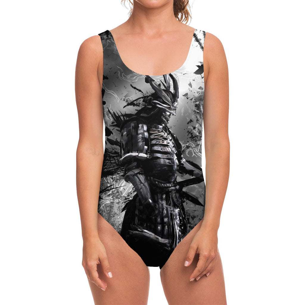 Dark Samurai Warrior Print One Piece Swimsuit