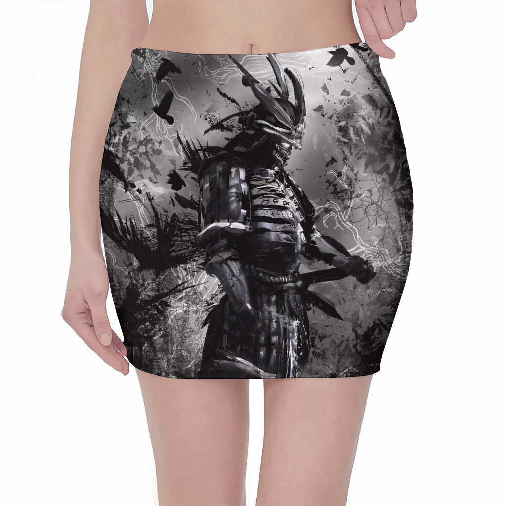 Dark Samurai Warrior Print Pencil Mini Skirt