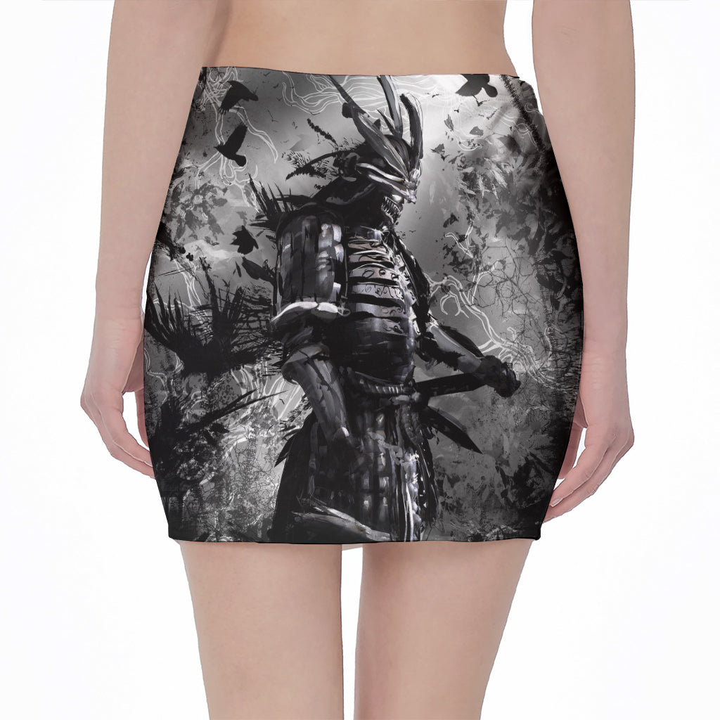 Dark Samurai Warrior Print Pencil Mini Skirt