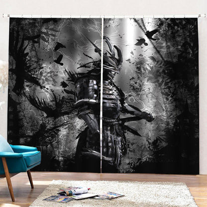 Dark Samurai Warrior Print Pencil Pleat Curtains