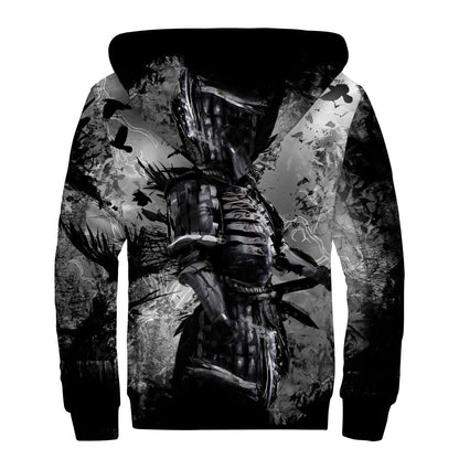 Dark Samurai Warrior Print Sherpa Lined Zip Up Hoodie
