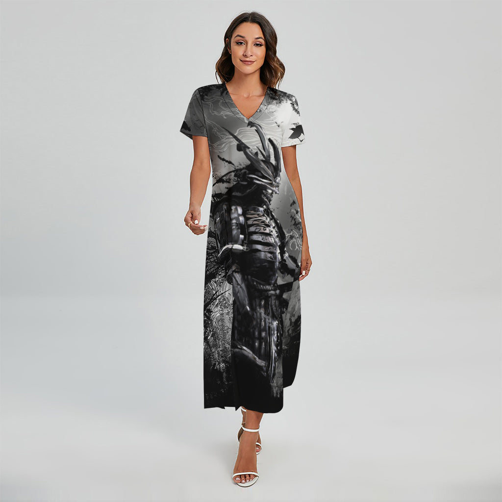 Dark Samurai Warrior Print Short Sleeve Maxi Dress