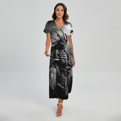 Dark Samurai Warrior Print Short Sleeve Maxi Dress