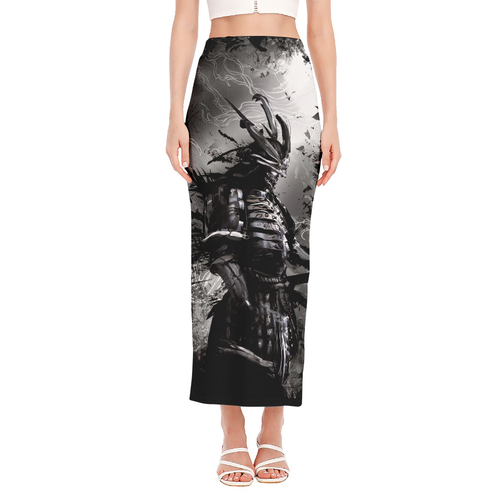 Dark Samurai Warrior Print Side Slit Maxi Skirt