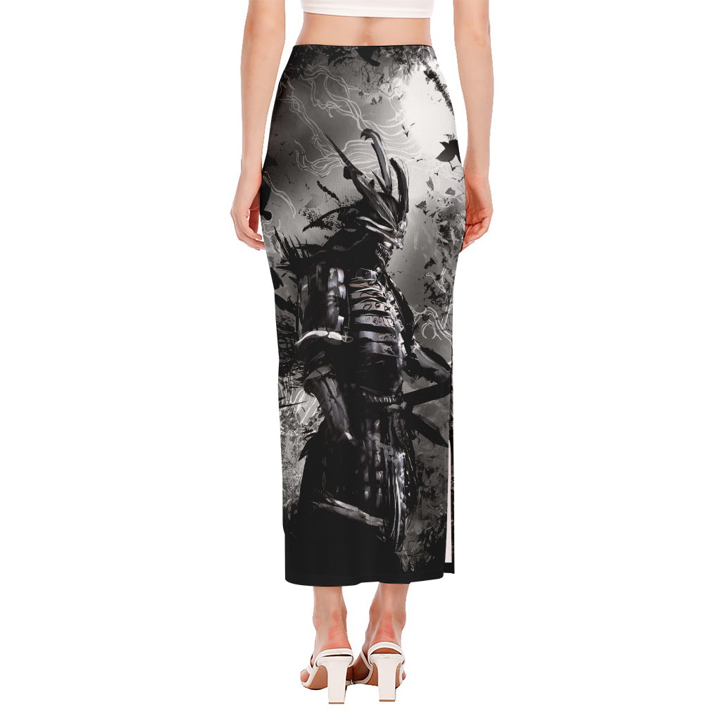 Dark Samurai Warrior Print Side Slit Maxi Skirt
