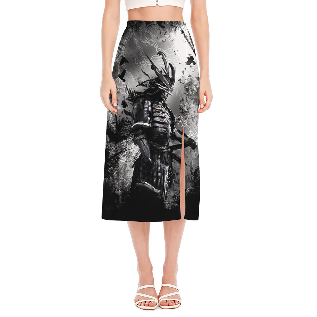 Dark Samurai Warrior Print Side Slit Midi Skirt