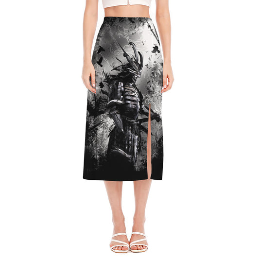 Dark Samurai Warrior Print Side Slit Midi Skirt