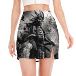 Dark Samurai Warrior Print Side Slit Mini Skirt