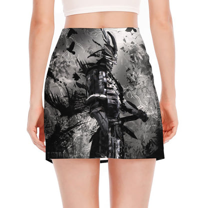 Dark Samurai Warrior Print Side Slit Mini Skirt