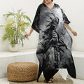 Dark Samurai Warrior Print Silk V-Neck Kaftan Dress