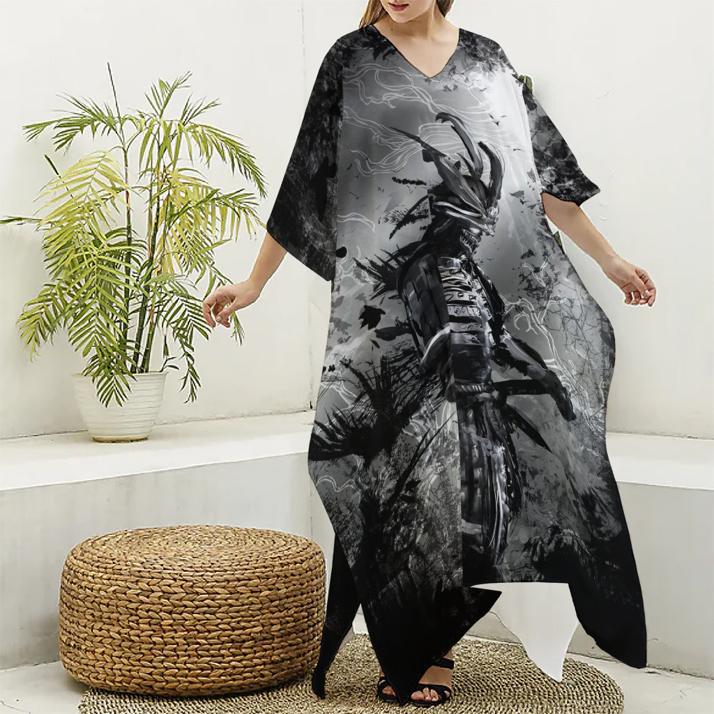 Dark Samurai Warrior Print Silk V-Neck Kaftan Dress