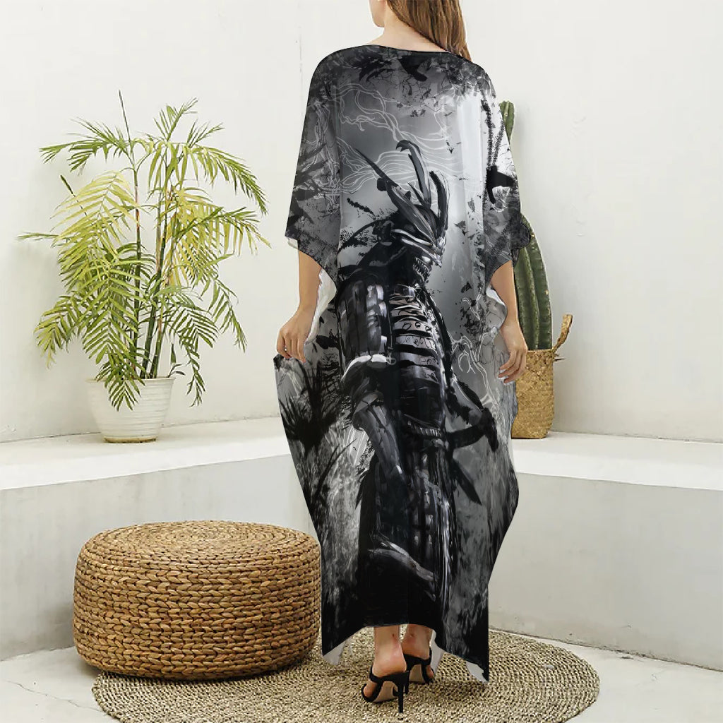 Dark Samurai Warrior Print Silk V-Neck Kaftan Dress