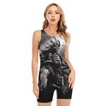 Dark Samurai Warrior Print Sleeveless One Piece Swimsuit