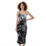 Dark Samurai Warrior Print Slim Fit Midi Cami Dress