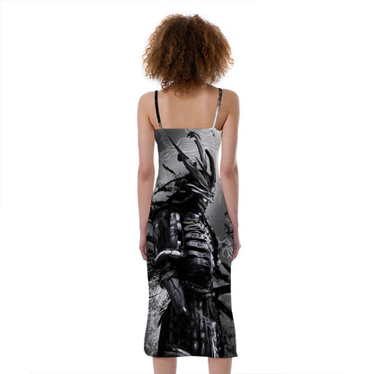 Dark Samurai Warrior Print Slim Fit Midi Cami Dress