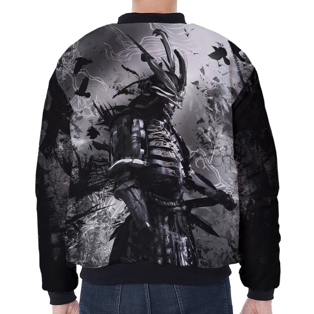 Dark Samurai Warrior Print Zip Sleeve Bomber Jacket