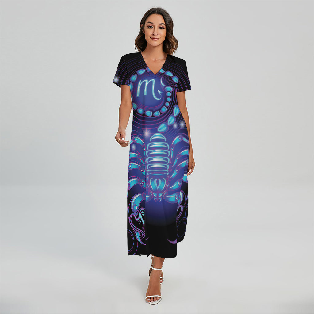 Dark Scorpio Zodiac Sign Print Short Sleeve Maxi Dress
