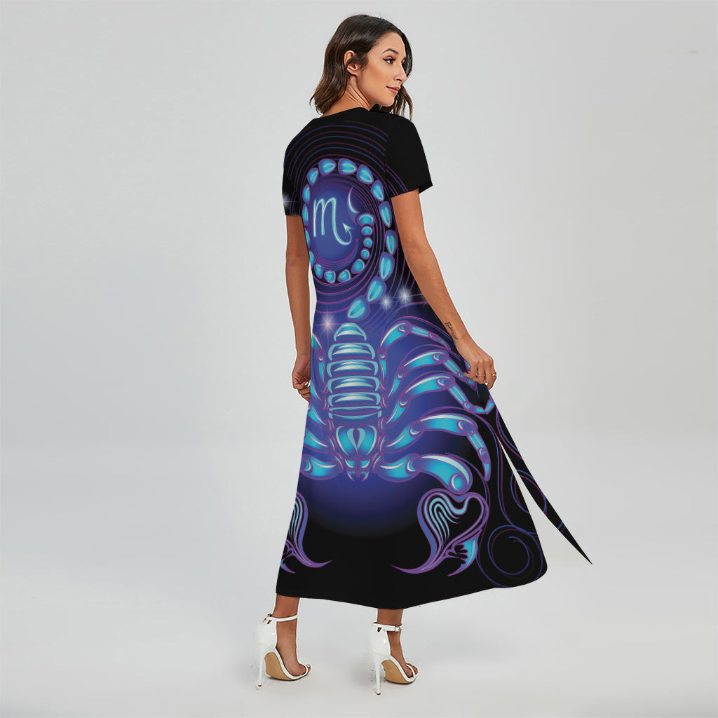 Dark Scorpio Zodiac Sign Print Short Sleeve Maxi Dress